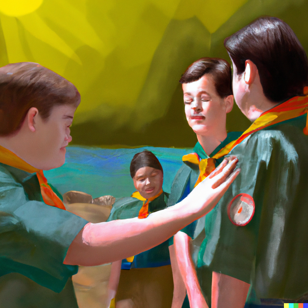 DALL·E 2022-11-29 - Pintura de un Grupo de jovenes scouts dando la bienvenida a un joven ciego, en un campamento junto a un rio, en un dia soleado, arte digital